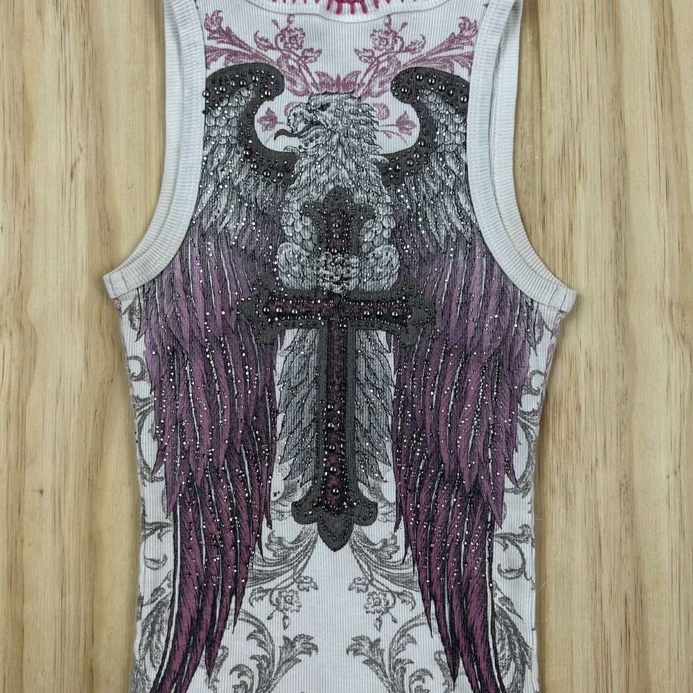 Vocal USA Women's Fitted White Bling Bedazzled Wings Tank Top Affliction Style S - Picture 3 of 10